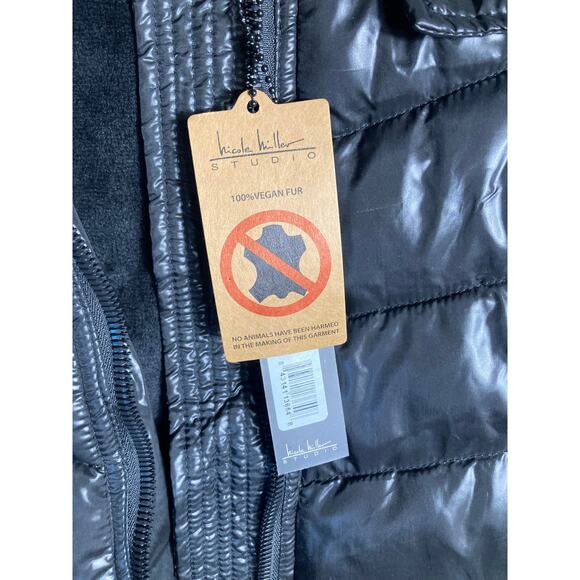 Womens Puffer Jacket Nicole Miller Studio 100% Vegan Polyester Large Black NWT - Picture 6 of 15
